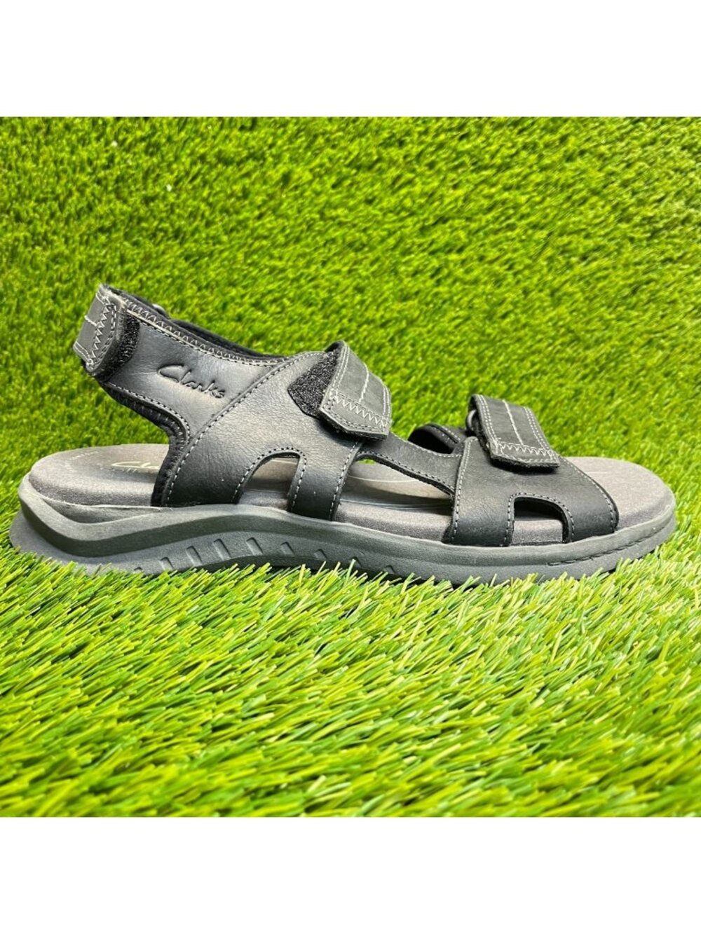 Clarks Walkford Walk Mens Size 10 Black Gray Beach Outdoor Leather Sport Sandals